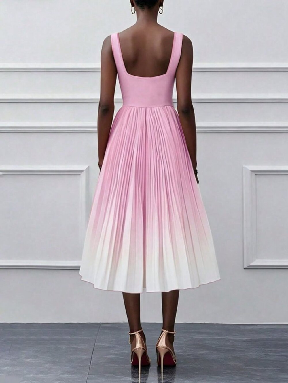 Pink Casual Women's Elegant Sleeveless Zipper Ombre Pleated Dress - Picture 2 of 5